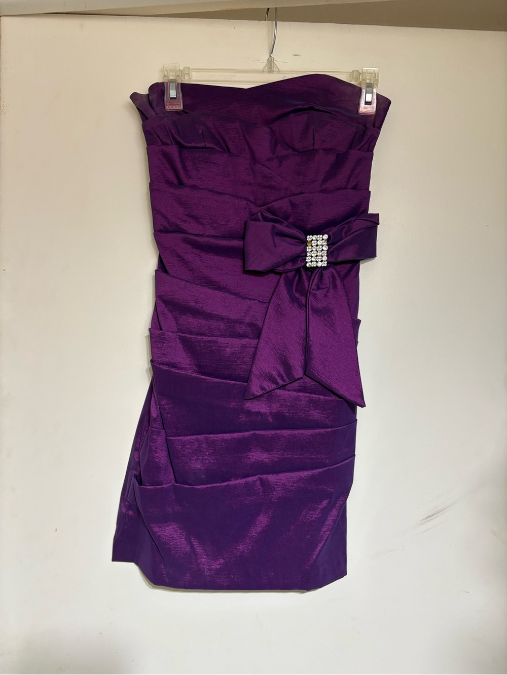 Teeze Me Strapless Purple Cocktail Dress with Bow and Rhinestone Accent